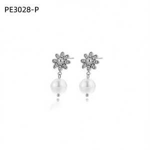 Pendientes Amy Amy con forma de flor, plata 925, perla sintética blanca, redondos, clásicos, joyería de uso diario para mujer PE3028 - Product Image 4