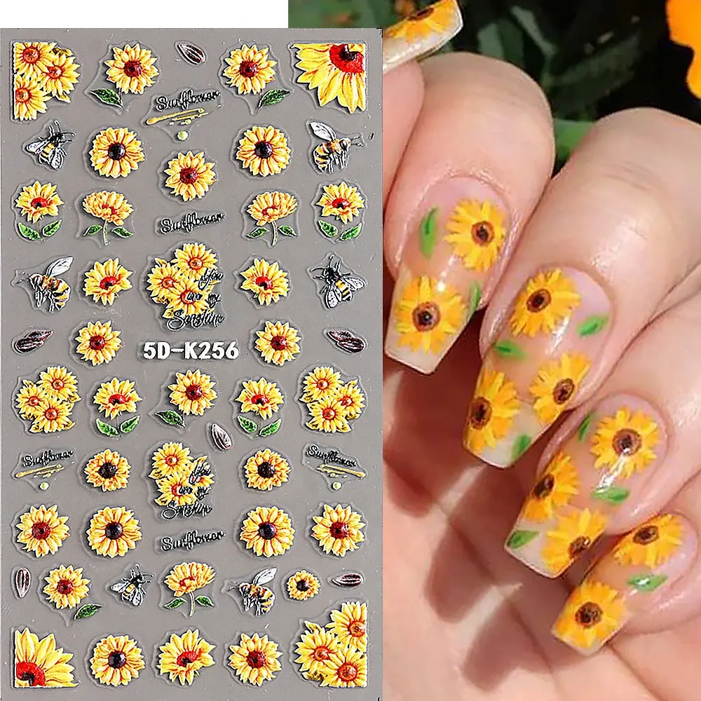 5D Yellow Sunflower Embossed Nail Sticker Acryl Blumen blatt Schmetterling Sommer Gravur Gel Polish Manic ure Slider Dekoration