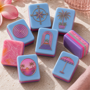 Juego de Mahjong Americano de Acrílico Azul y Rosa de Lujo, con Fichas de Mahjong Grabadas con Palmeras al Atardecer, en Caja - Product Image 2