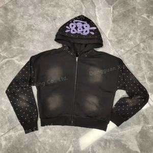 Sudadera con capucha y cremallera de algodón 100% de 500 g/m² de alta calidad, con lavado ácido, efecto vintage, desgastada, con pedrería y efecto descolorido por el sol. - Product Image 3