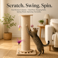 Griffoir pour chat en bois massif et sisal, Centre d'activités Colonne Romaine, Plateau tournant, Jouets suspendus, Baguette à ressort, Vente en gros OEM