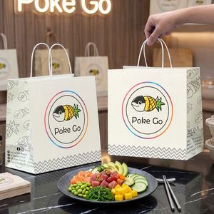 Sacs en papier kraft personnalisés biodégradables avec poignées torsadées pour la restauration rapide, les restaurants de Poke Bowl - Product Image 5