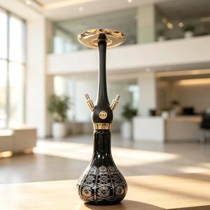 Black Glass <b>Hookah</b> with Gold Tone Metal Finish Double Hose Water <b>Pipe</b> for Lounge Bar Display - Product Image 5