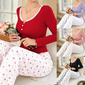 Nouvel ensemble de pyjama décontracté 2025 pour la maison avec col en dentelle et bordure en soie, manches longues 7052 - Product Image 1