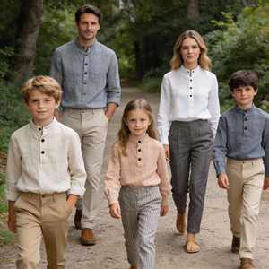 Ensemble de chemises en lin assorties pour la famille, en coton et lin écologiques, OEM ODM, hommes, femmes et enfants, couleurs naturelles, chemises boutonnées décontractées - Product Image 4