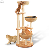 Arbre à chat en bois de chêne massif de qualité supérieure avec 3 paniers en rotin, tour à chat à plusieurs niveaux avec griffoir en sisal pour plusieurs chats