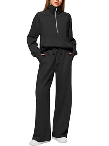 Prezzo di Fabbrica Completo Donna Autunnale 2 Pezzi di Alta Qualità <span class=keywords><strong>Felpa</strong></span> Larga con Revers e Mezza Zip e Pantaloni a Gamba Larga Tuta Casual - Product Image 6
