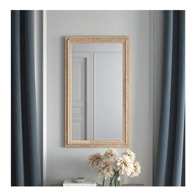 Personnalisé Vintage Grand Rectangle Mur En Bois Massif Miroir Bois Perles Rondes Perlé Mosaïque Miroirs Décoration En Gros