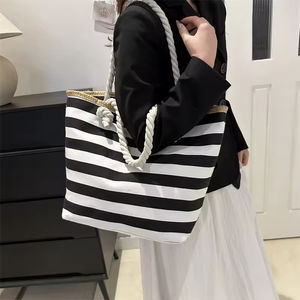 Bolso de mano personalizado de gran capacidad con diseño de rayas, bolso de lona para la playa, bolso de compras con cremallera, bolso de hombro para viaje. - Product Image 3