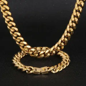 Corrente para colar cubano de 12mm, corrente de hip hop e colar de 18k para homens, corrente de aço inoxidável banhada a ouro