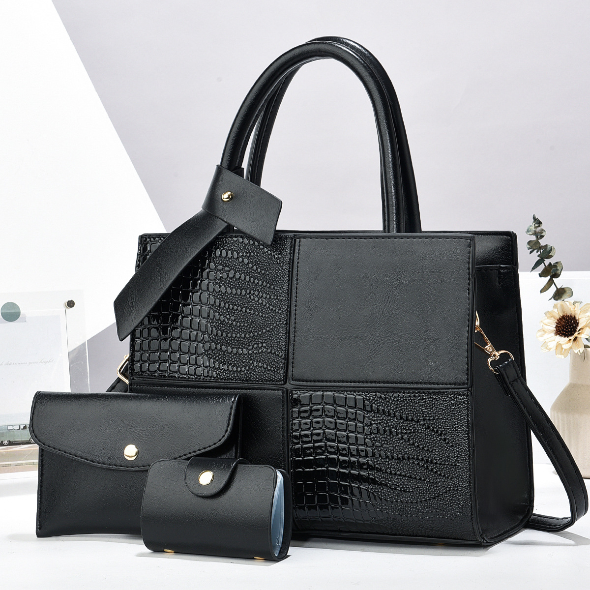 2025 New Arrival Women's Handbags Vintage Color Crocodile Print PU Leather Tote Bag Design Bag Set for Women
