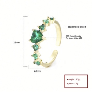 Bague en laiton plaqué or, alliage de cuivre, zircon vert, bijoux de mode pour femmes, bagues en or laminé 18 carats, vente en gros - Product Image 6