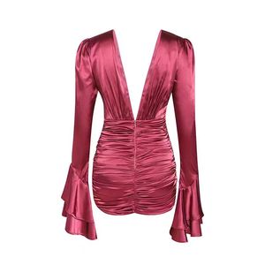 LS2363 nuovo arrivo abiti estivi festa moda donna profondo scollo a V manica lunga <span class=keywords><strong>Mini</strong></span> <span class=keywords><strong>abito</strong></span> di <span class=keywords><strong>raso</strong></span> - Product Image 4