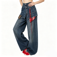 Jean baggy femme à jambe large, coupe ample, double ceinture, patchwork à carreaux, bords effilochés, détail cordon rouge