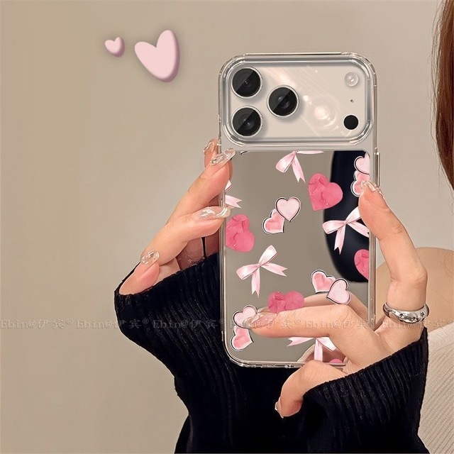 Colorful Pink Heart Pattern Mirror Finish Shockproof TPU+Acrylic Street Fashion Wireless Charging Compatible Mobile Phone Case