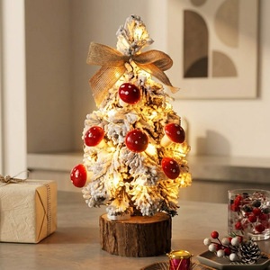 Pohon Natal Mini Berlapis Bulu Putih Terlaris dengan Alas Kayu, Pohon Natal Meja Kecil dengan Hiasan Pita, Lonceng, dan Buah Berry untuk Dekorasi Rumah Natal - Product Image 5