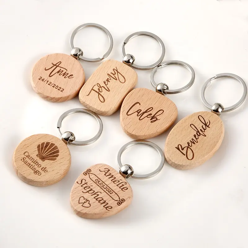 Blank Wood Keychain Custom Laser Engraved Logo Key Tag Nature Wooden Key Ring Round Square and Heart Shaped Key Chain