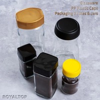 Botol kaca persegi bulat mulut lebar massal 8oz 14oz 16oz 28oz kaleng kopi instan teh kaca besar dengan tutup plastik PP