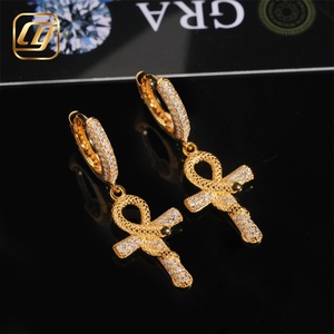 Boucles d'oreilles pendantes Ankh Serpent Croix en Argent 925 et Moissanite, entièrement pavées de pierres, style Huggie Hoop, pour Hommes et Femmes, Bijoux Hip Hop Bling - Product Image 3