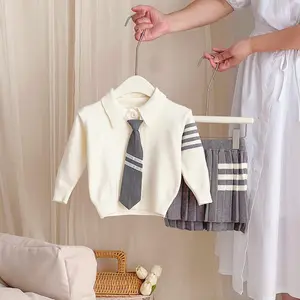 Платье для девочек 3 лет, свитер в стиле преппи для девочек, комплект из двух предметов с короткой юбкой и галстуком, одежда для девочек