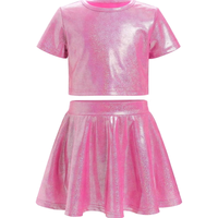 Ensemble haut court à manches courtes métallisé brillant pour filles avec jupe plissée, tenue de danse scintillante pour spectacle sur scène