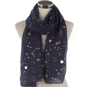 popular womens star moon foil polyester printing long scarf for party