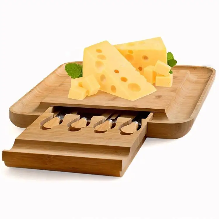 Dropshipping fruit serving tray natural bamboo cheese board square bamboo cheese board and knife set