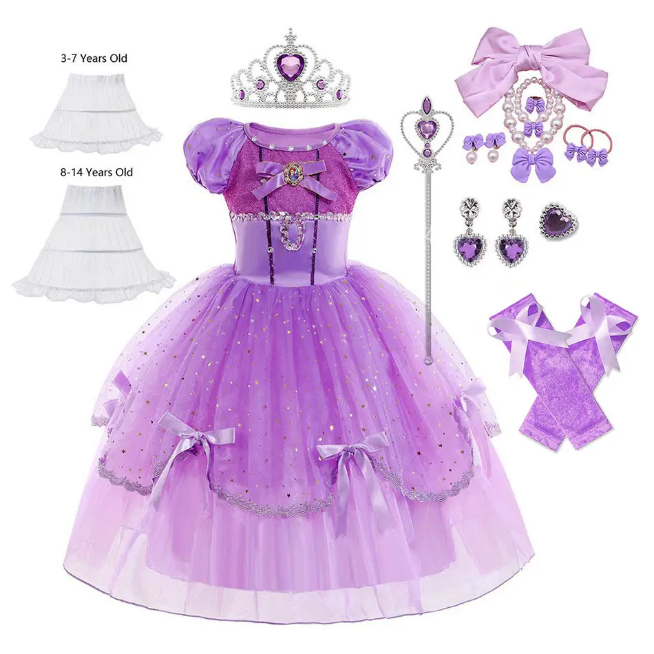Accessories with Girls Cartoon Fancy Princess Costume Dress Up Cosplay Birthday Lace Edge Dresses for Girls Performance
