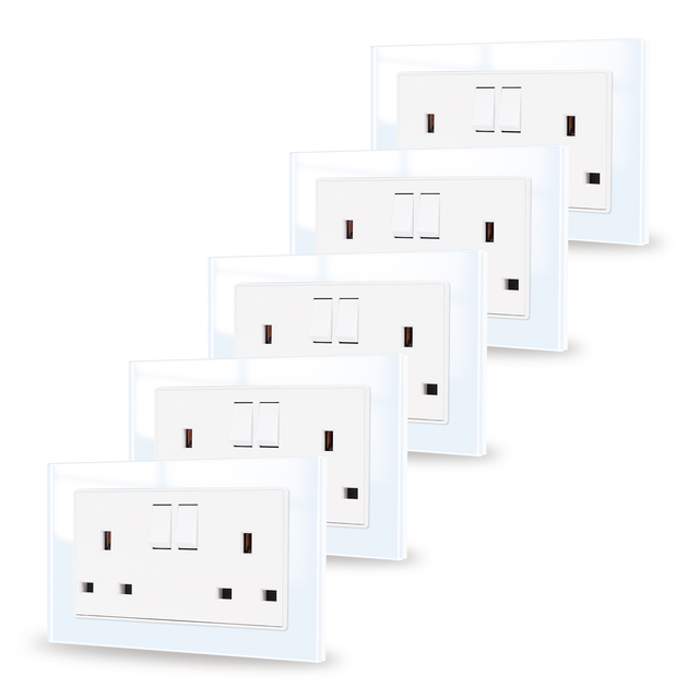 Touchmi Mechanical Switch Control Power Socket Custom Wall Double UK Electric 3 Pin Outlet Plug With 3mm Tempered Glass Panel