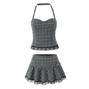 Mini-<span class=keywords><strong>jupe</strong></span> décontractée tendance à imprimé écossais <span class=keywords><strong>gris</strong></span> avec dentelle au bas pour femme – Grande vente - Product Image 6