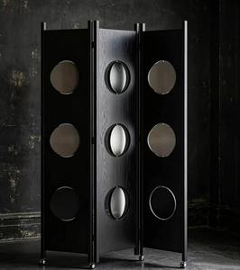 Premium 3-<b>Panel</b> Folding Room Divider Black Wood Circular Cutout <b>Mirror</b> Privacy Screen With Wheels For Living Room - Product Image 6