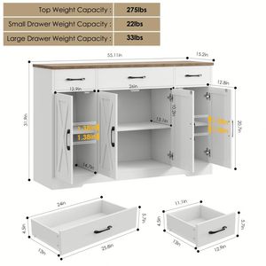 מזנון מודרני גדול 55 אינץ' מעץ MDF עם 3 מדפים, 3 מגירות ודלתות - ארון אחסון עמיד למטבח - Product Image 5
