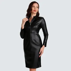 2699 Newest 2022 Woman Fall Winter Dress Classic Pu Leather Elegant Dresses Business Vestidos Black Career Dresses