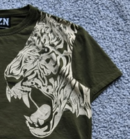 T-shirt MZN pour homme, extra large, imprimé double tête de tigre perlée, écologique, effet vieilli, vert, coton épais