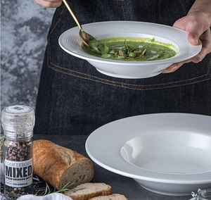 Assiette à salade en céramique blanche pour restaurant, avec texture côtelée en relief, assiette ronde pour soupe, steak, apéritif, restauration hôtelière - Product Image 4