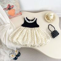 Robe d'été sans manches pour bébé fille, à blocs de couleur, en tricot, avec bordure en dentelle, col à pois, jupe bouffante, robe de soirée, robe personnalisée pour bébé fille