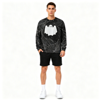 Sweat-shirt à col rond pour homme personnalisé ODM OEM avec impression intégrale de toile d'araignée fantôme pour Halloween
