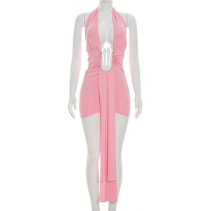 H1810-2026 Abito Mini da Donna Sexy Senza Maniche con Scollo a V Profondo e Volant, Tinta Unita, Stile Fasciante, di Tendenza Moda - Product Image 6