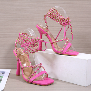 Sexy <b>Cross</b> <b>Chain</b> Ornament Strap Gladiators for Ladies High Heel Shoes Women 2021 Square Toe Lace up - Product Image 5