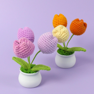 Tulipe au crochet en pot, <span class=keywords><strong>fleur</strong></span> tricotée, 3 têtes, fil <span class=keywords><strong>de</strong></span> laine, pot en céramique blanc, fait main, petit cadeau pour bureau et maison - Product Image 6