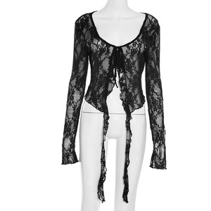 Nouveaux t-shirts en maille pour femmes Top Cardigan à <span class=keywords><strong>manches</strong></span> <span class=keywords><strong>longues</strong></span> <span class=keywords><strong>Dentelle</strong></span> Sexy Y2K Top pour les filles - Product Image 2