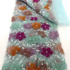 Tecido de renda de tule 100% poliéster de alta qualidade luxuoso colorido e colorido com miçangas de flores 3D lindo vestido de renda bordado de lantejoulas