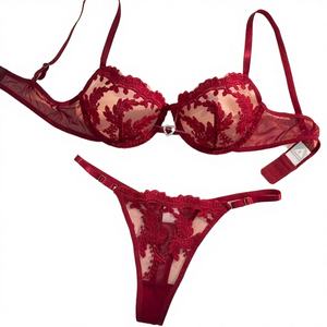 Lencería Femenina de Lujo, Conjunto de Brasier y Tanga con Encaje Floral Exótico, Transpirable, Sexy, Transparente, Elegante, con Aro, Talla XL, Corte Bajo - Product Image 2