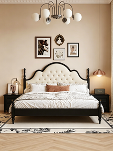 Premium Black Solid Wood <b>Bed</b> <b>Frame</b> French Vintage Wavy Upholstered Headboard Comfortable Bedroom Furniture Stable Home Wooden Do - Product Image 3