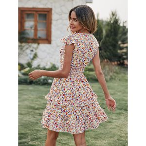 FOXA Robe d'été pour femme à imprimé floral, col en V, manches à volants, mini-robe superposée, taille élastique, robe décontractée coupe trapèze - Product Image 3