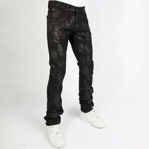 Custom Printed Logo Fashion Mens Black Denim Slim Paint Splat Stacked Black Jeans