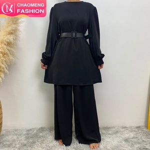 2335+9003 #   Ensembles modestes Nida 2 pièces, costumes turcs pour femmes, robe Abaya de couleur unie, haut et pantalon avec poches et ceinture - Product Image 1