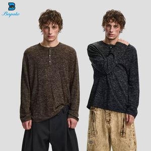 เสื้อยืดแขนยาวคอเฮนลีย์สไตล์วินเทจผ้าเมลานจ์ทรงเข้ารูปสำหรับผู้ชายลำลองสไตล์เรโทรผ้าฝ้าย - Product Image 1