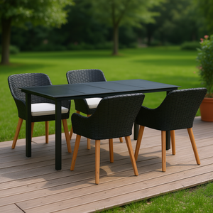 Set da Pranzo da Giardino in Polyrattan Nero per 4 Persone con Cuscini, Arredamento da Esterno Stile Contemporaneo con Gambe in Legno Massello - Product Image 2