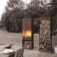 Corten-chimenea de jardín con almacenamiento, quemador de madera de acero oxidado para exteriores
